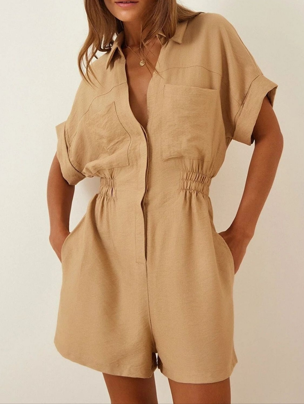 Women's Tan Short Sleeves Romper